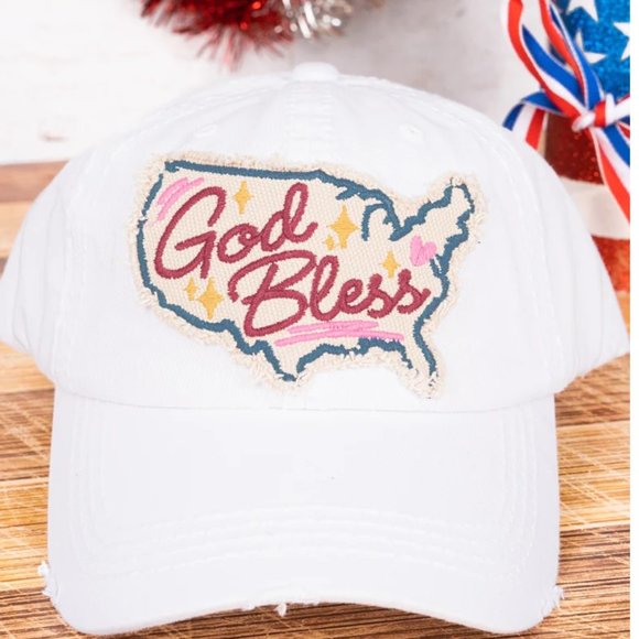 One Blessed Nana Accessories - NWT *BOUTIQUE* DISTRESSED WHITE 'GOD BLESS' AMERICA HAT - PATRIOTIC